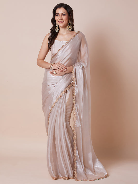 Tissue Silk Gold Scallop Embroidered Border Saree
