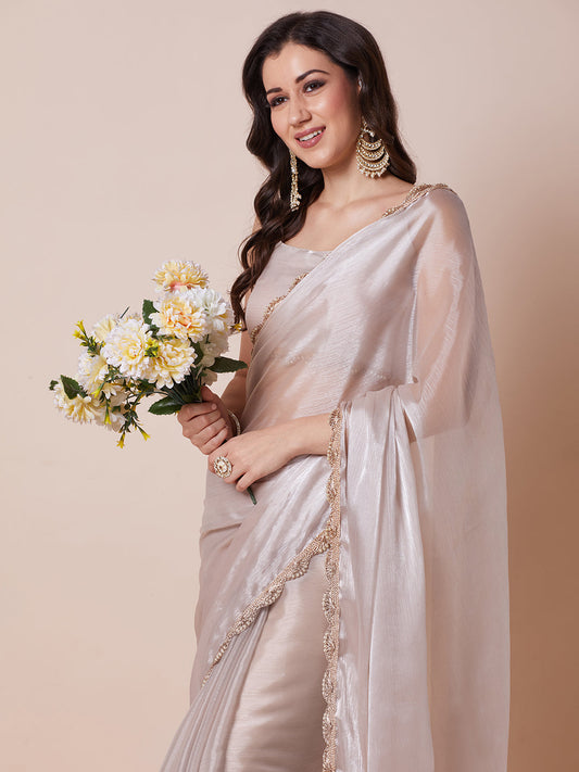 Tissue Silk Gold Scallop Embroidered Border Saree