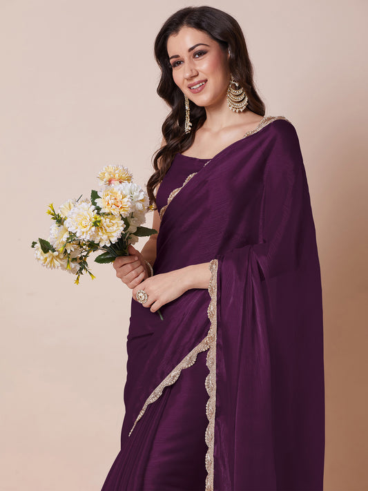 Deep Plum Chiffon  Saree with Gold Scallop Lace Border