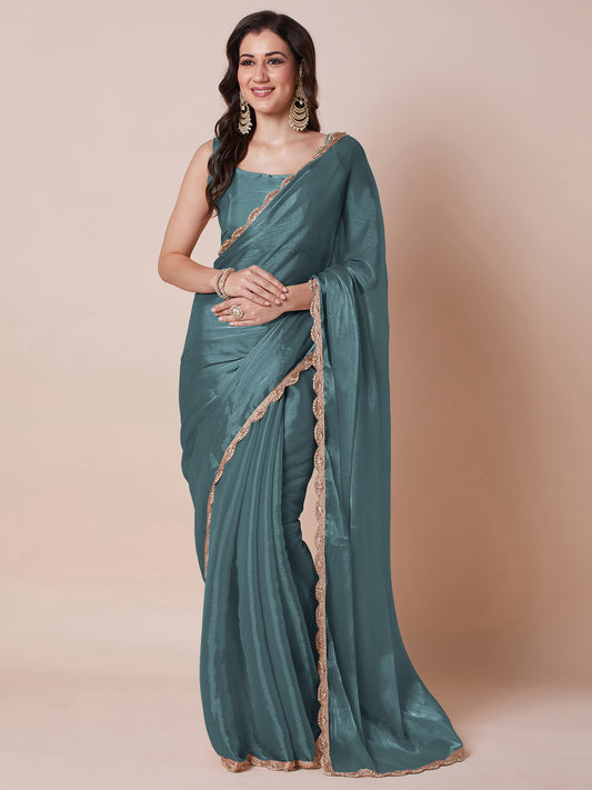 Teal Blue Shimmer Silk Saree
