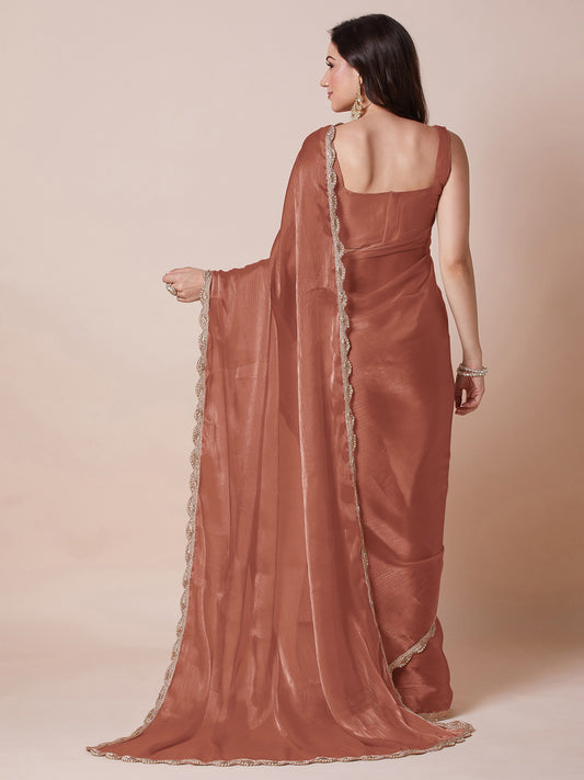 Copper-Brown Shimmer Organza Saree with Scalloped Zari Border