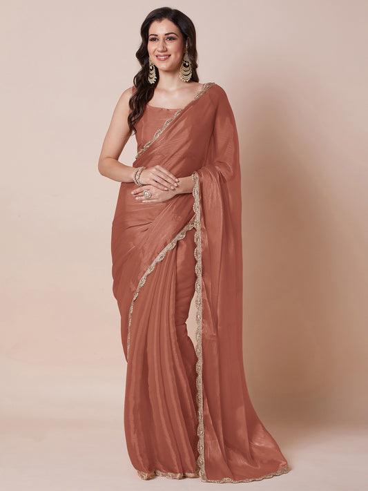 Copper-Brown Shimmer Chiffon Saree with Scalloped Zari Border