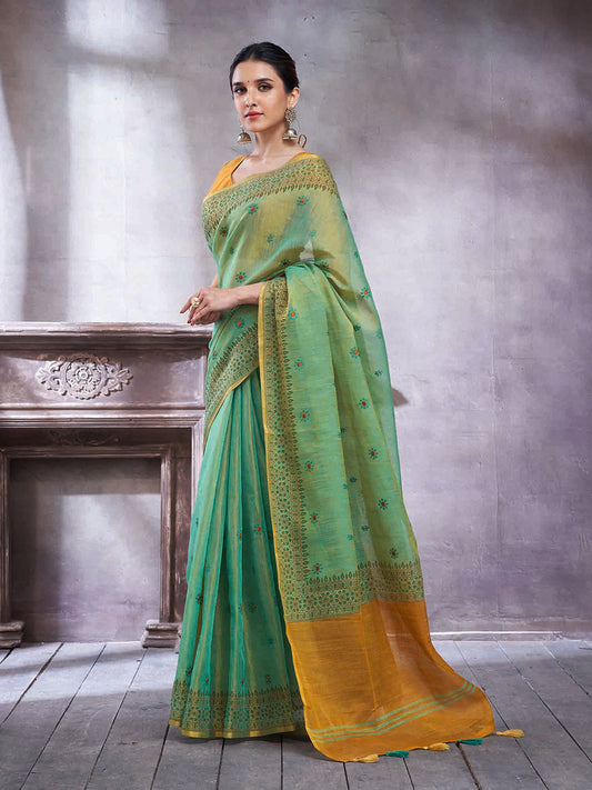 Seafoam Green & Mustard Silk Blend Saree