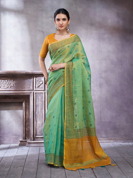 Seafoam Green & Mustard Silk Blend Saree