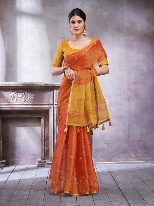 Mustard &amp; Orange Silk Blend Heritage Handloom Style Zari Woven Saree