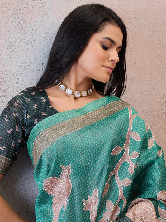 Sea Green Printed Scenic Nature Silk Blend Saree