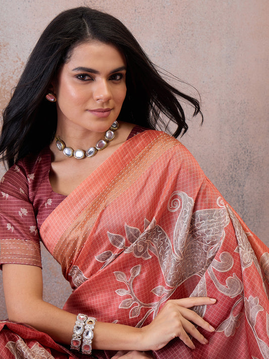 Peach Printed Floral Nature Art Silk Blend Saree