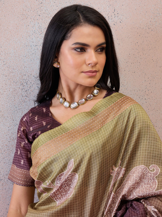 Olive Green Printed Scenic Nature Art Silk Blend Saree