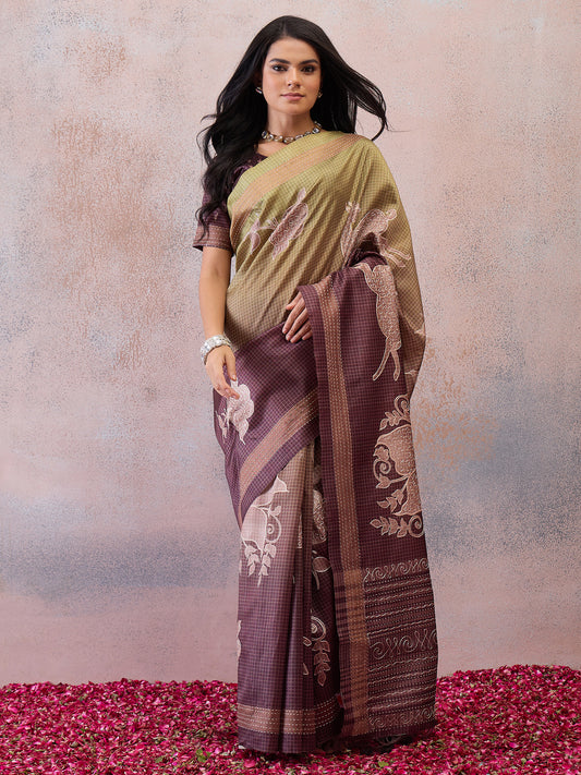 Olive Green Printed Scenic Nature Art Silk Blend Saree