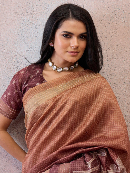 Rust Orange Printed Scenic Nature Art Silk Blend Saree