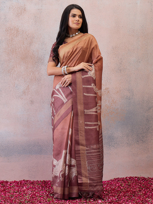 Rust Orange Printed Scenic Nature Art Silk Blend Saree