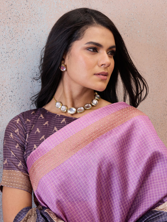 Lilac Pink Printed Scenic Nature Art Silk Blend Saree