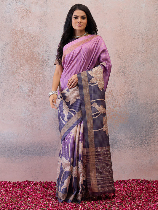 Lilac Pink Printed Scenic Nature Art Silk Blend Saree