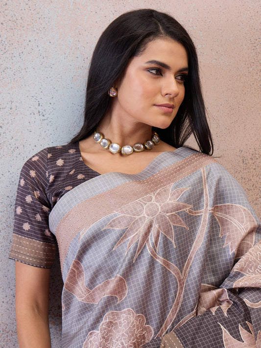 Greyish Lavender Printed Floral & Botanical Art Silk Blend Saree