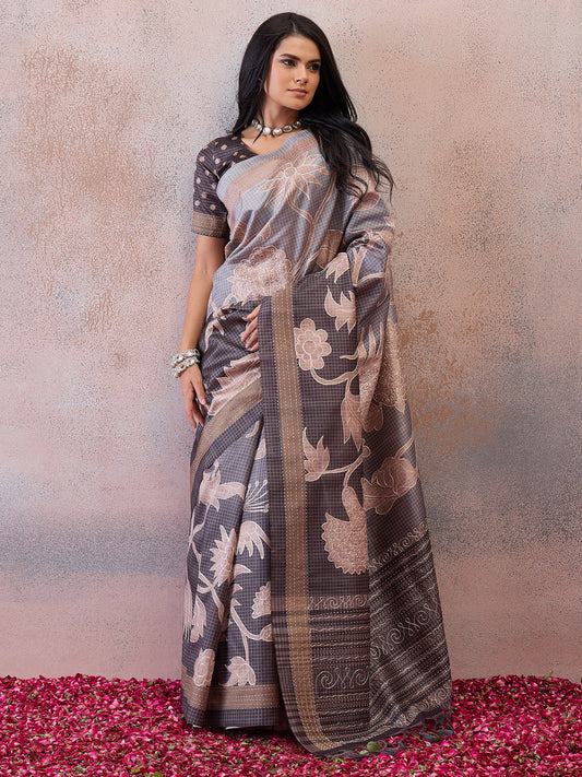 Greyish Lavender Printed Floral & Botanical Art Silk Blend Saree
