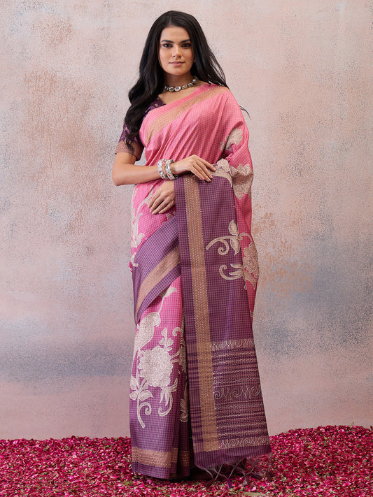 Rose Pink Printed Floral & Botanical Art Silk Blend Saree