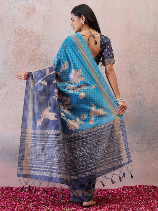 Turquoise Blue Printed Floral & Botanical Art Silk Blend Saree