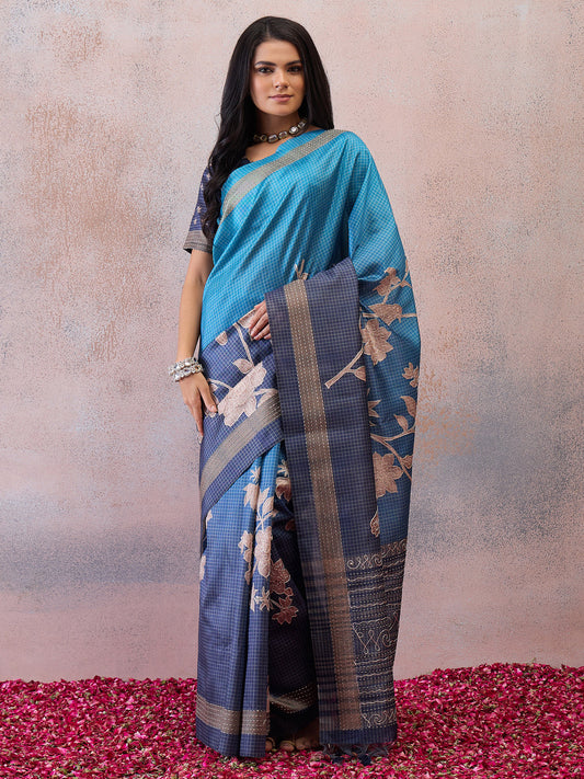 Turquoise Blue Printed Floral & Botanical Art Silk Blend Saree
