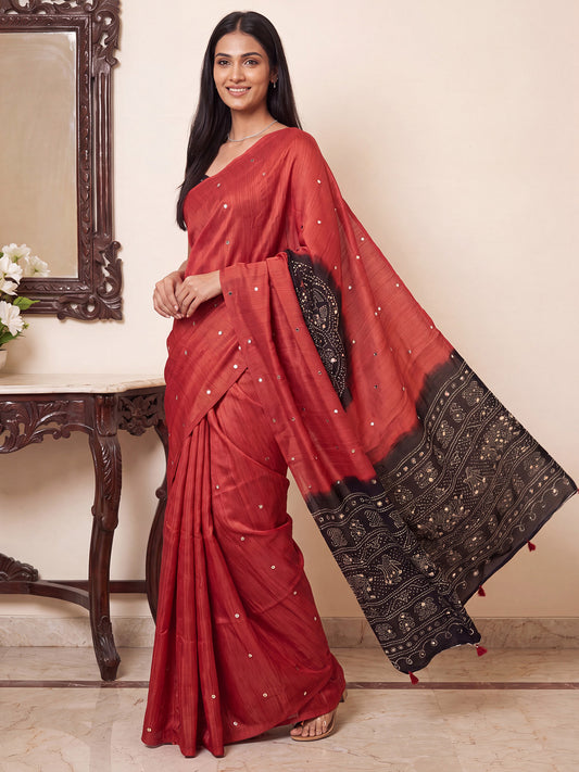 Red & Black Bandhani Print Mirror Work Vichitra Silk Saree