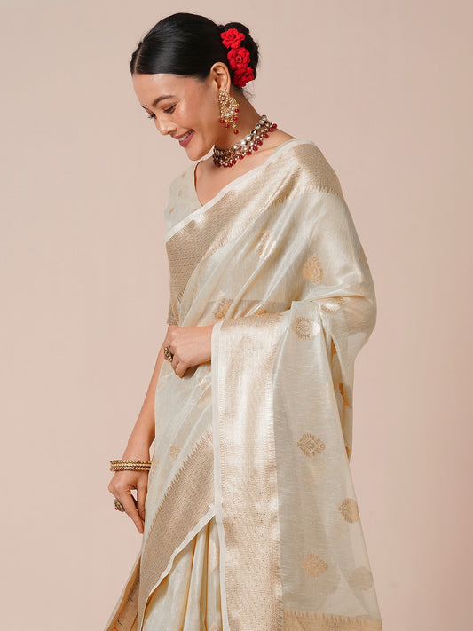 Off-White Woven Tissue Saree with Meenakari Pallu