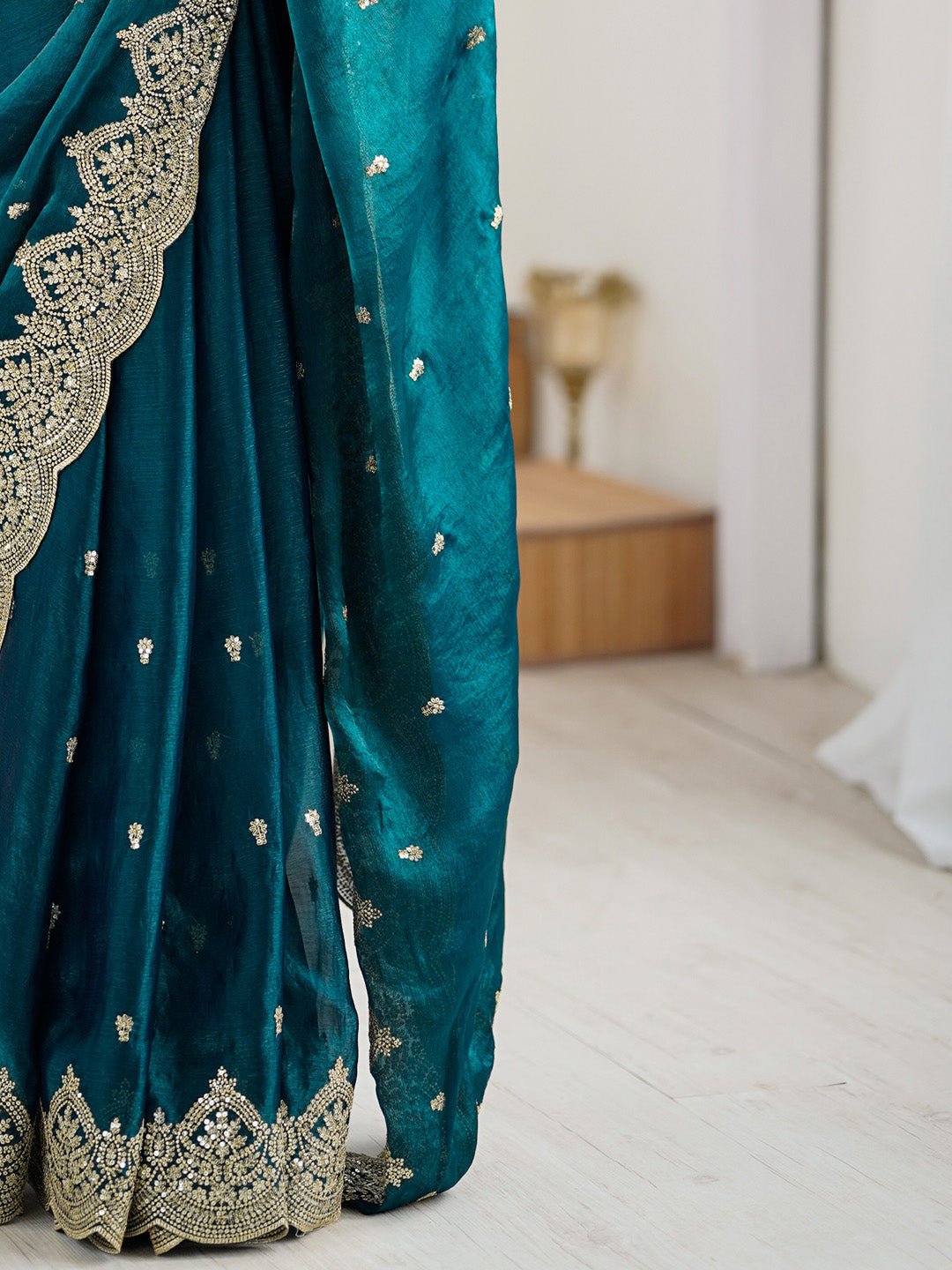 Teal Blue Chiffon Party Wear Saree - Ressa