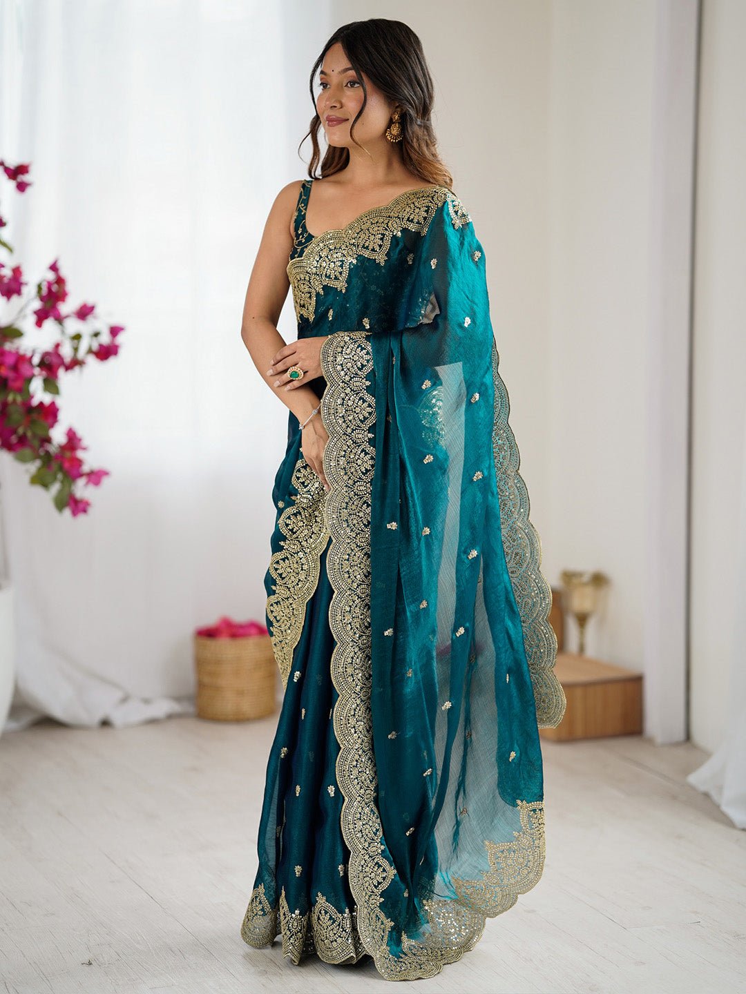 Teal Blue Chiffon Party Wear Saree - Ressa