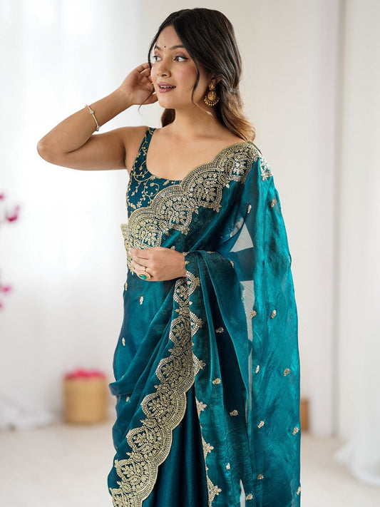 Teal Blue Chiffon Party Wear Saree - Ressa