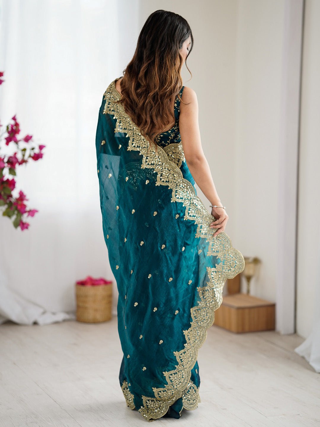 Teal Blue Chiffon Party Wear Saree - Ressa