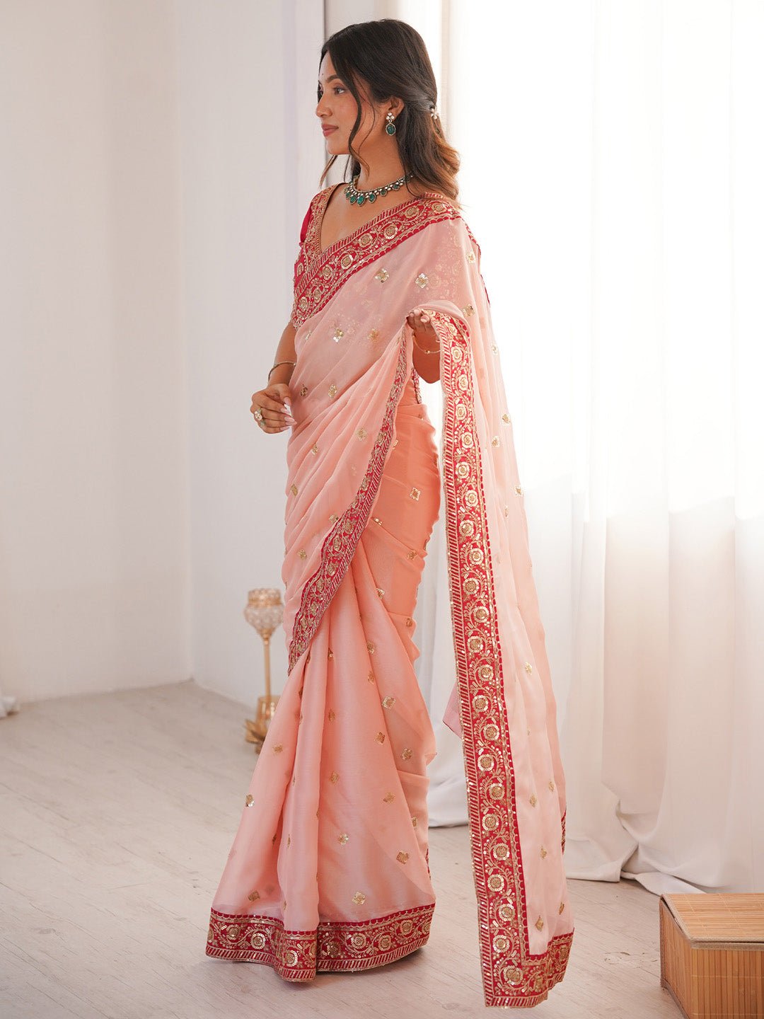 Peach Satin Party Wear Saree - Ressa