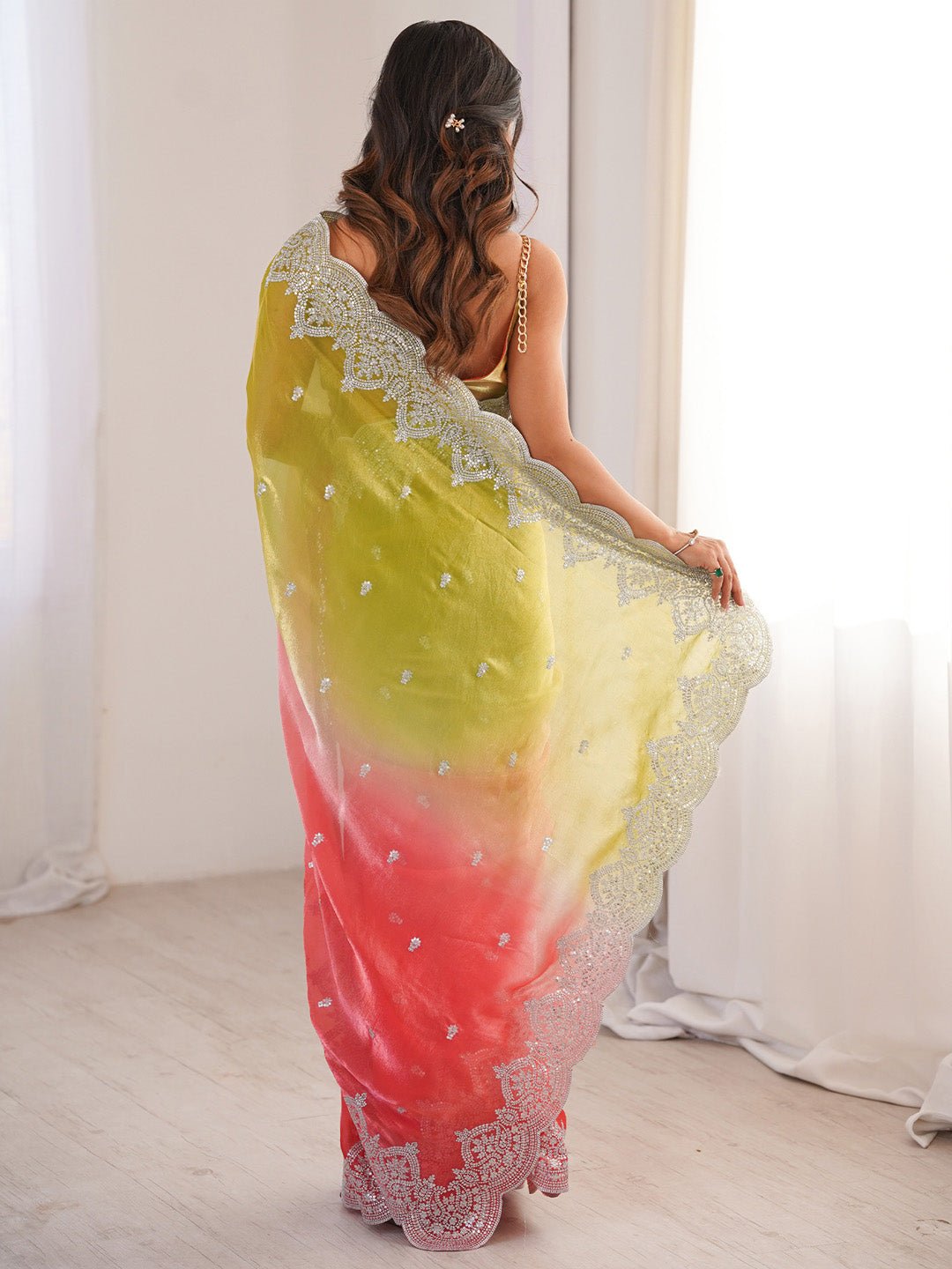 Green Pink Satin Party Wear Saree - Ressa