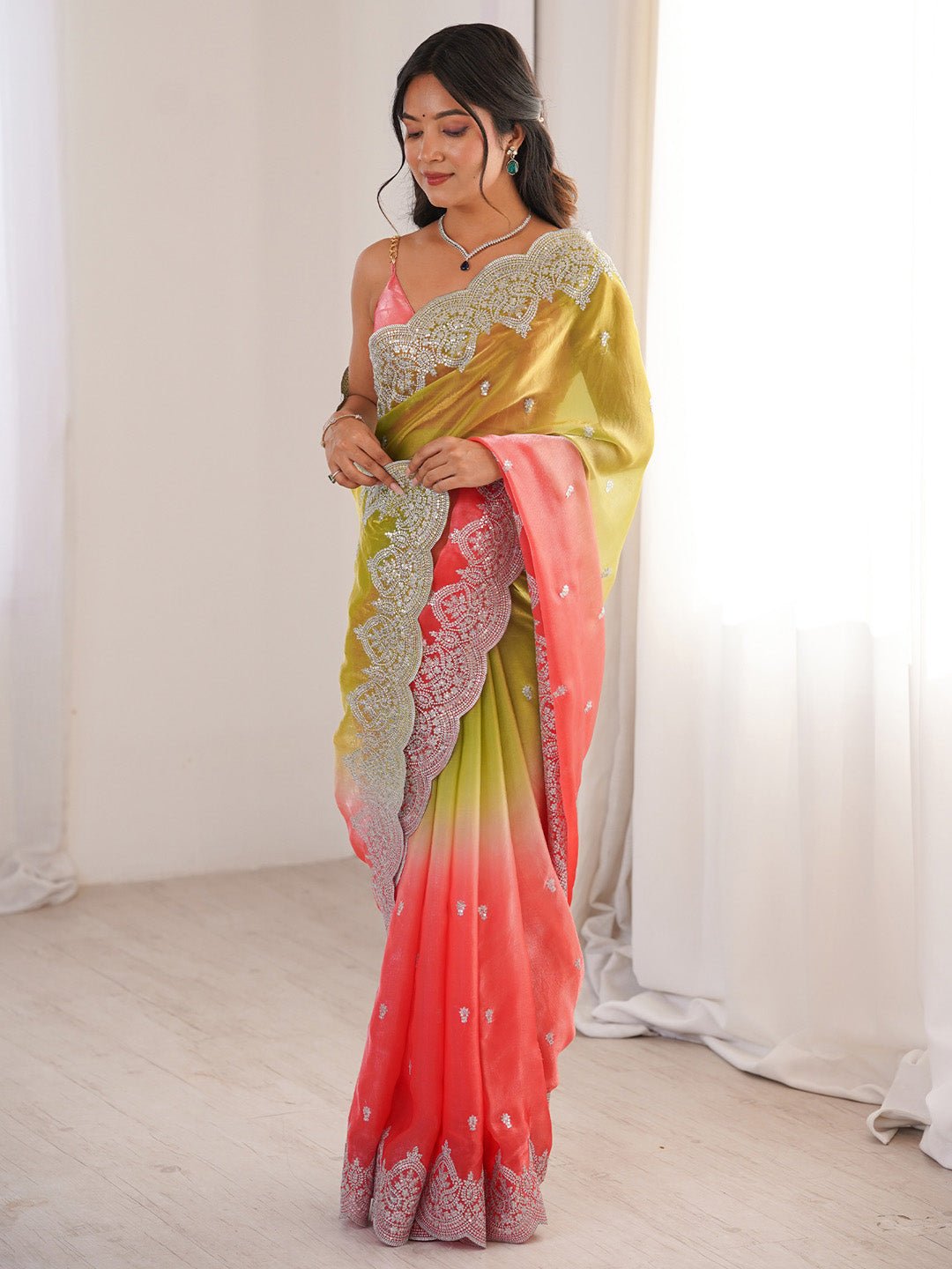 Green Pink Satin Party Wear Saree - Ressa