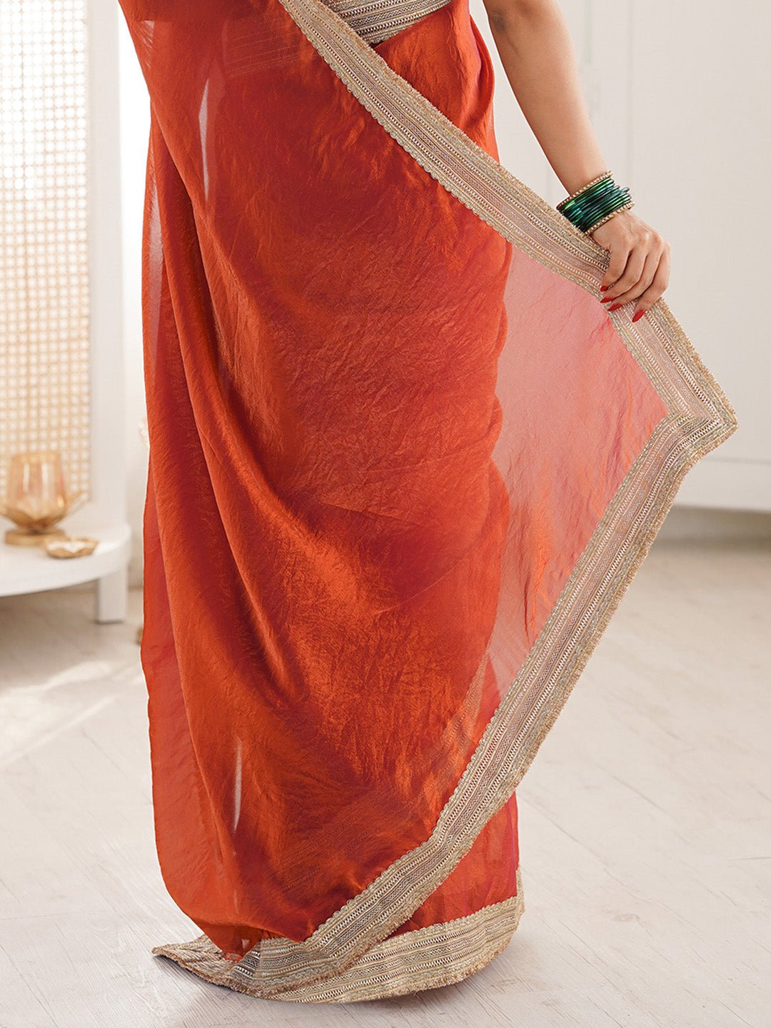 Rust Orange Satin Party Wear Saree - Ressa