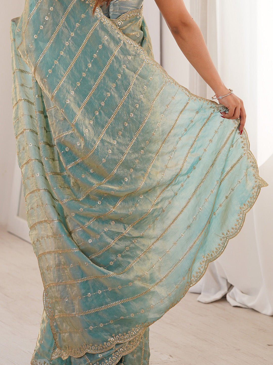 Light Blue Satin Party Wear Saree - Ressa