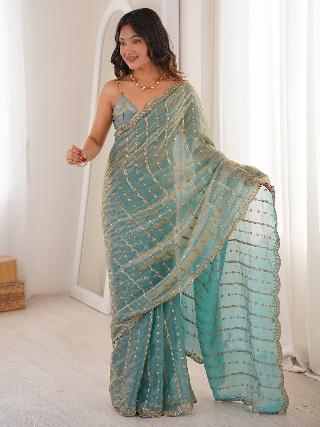 Light Blue Satin Party Wear Saree - Ressa