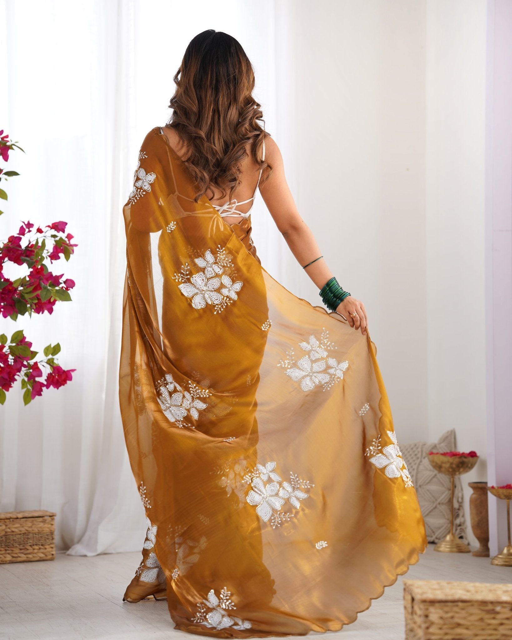 Amber Gold Organza Embroidered Saree - Ressa