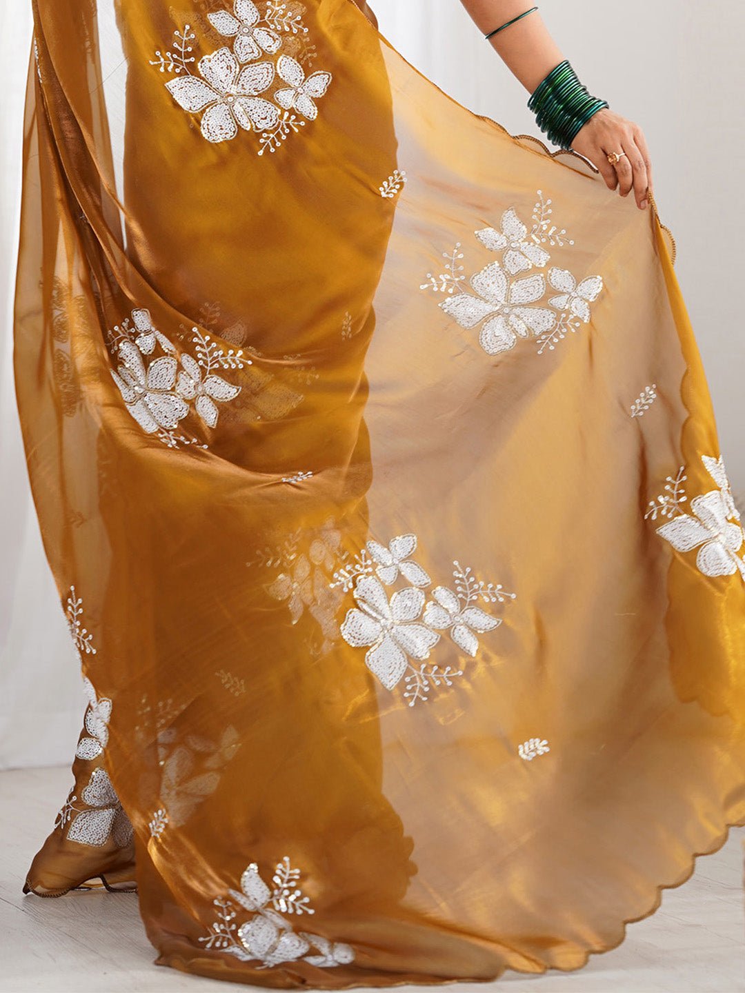 Amber Gold Organza Embroidered Saree - Ressa
