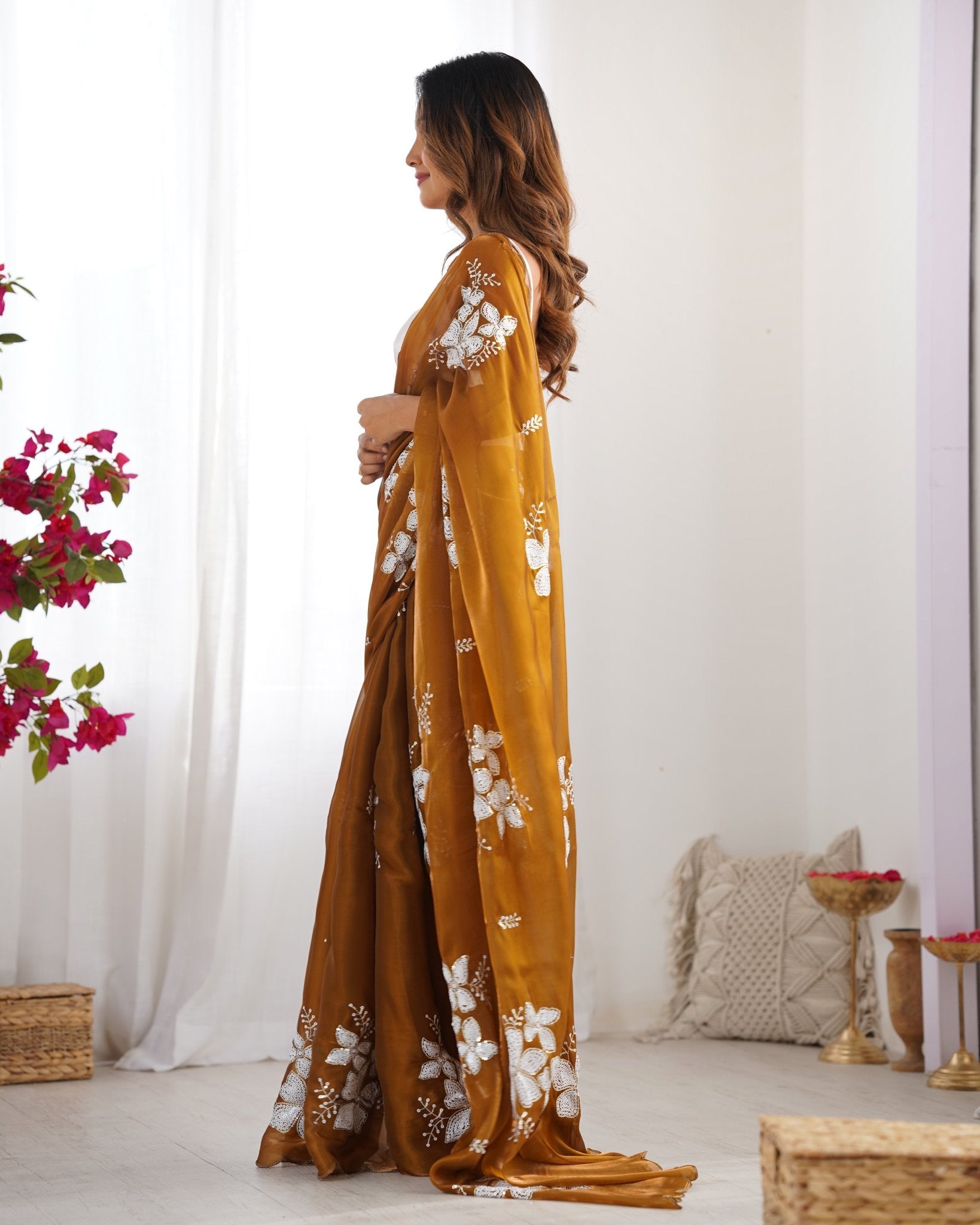 Amber Gold Organza Embroidered Saree - Ressa