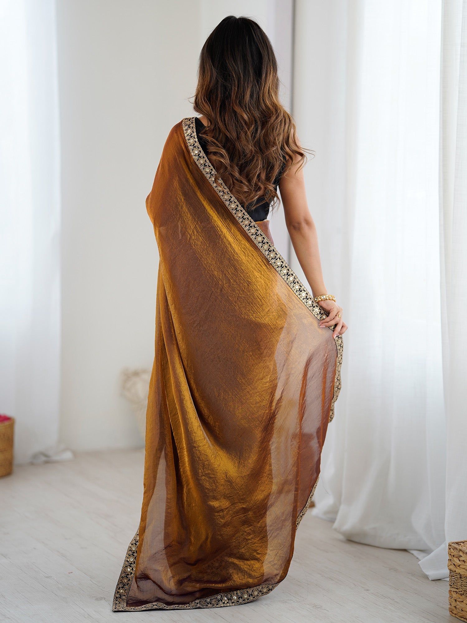 Amber Gold Tissue Silk Saree with Embroidered Border - Ressa
