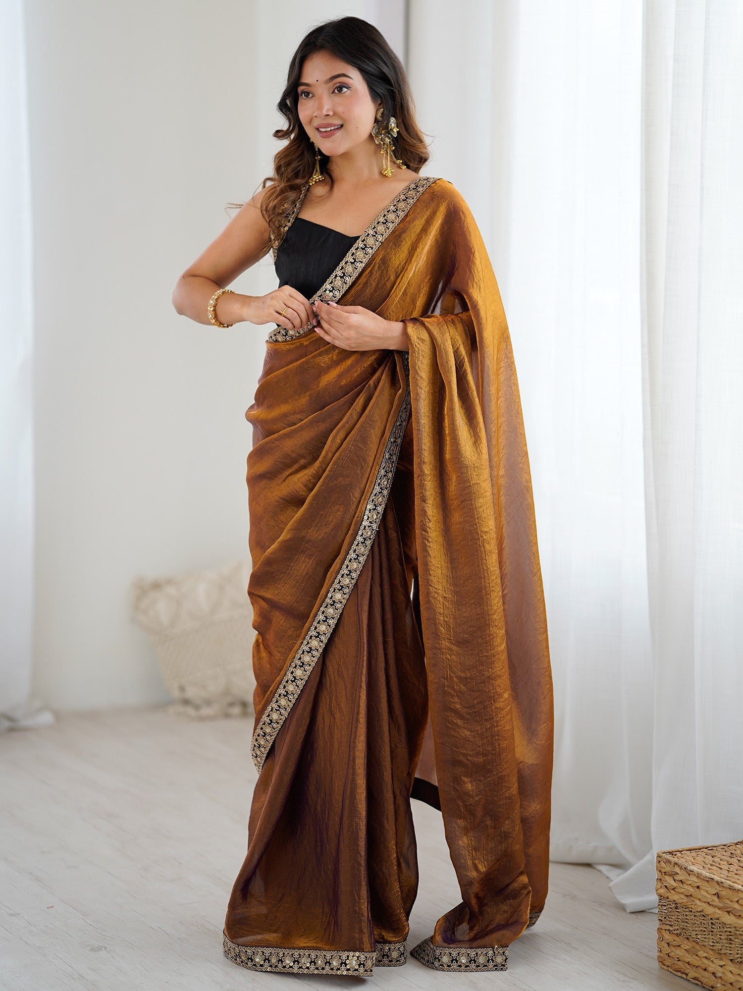 Amber Gold Tissue Silk Saree with Embroidered Border - Ressa