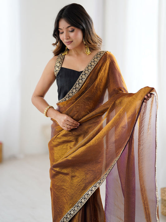 Amber Gold Tissue Silk Saree with Embroidered Border - Ressa