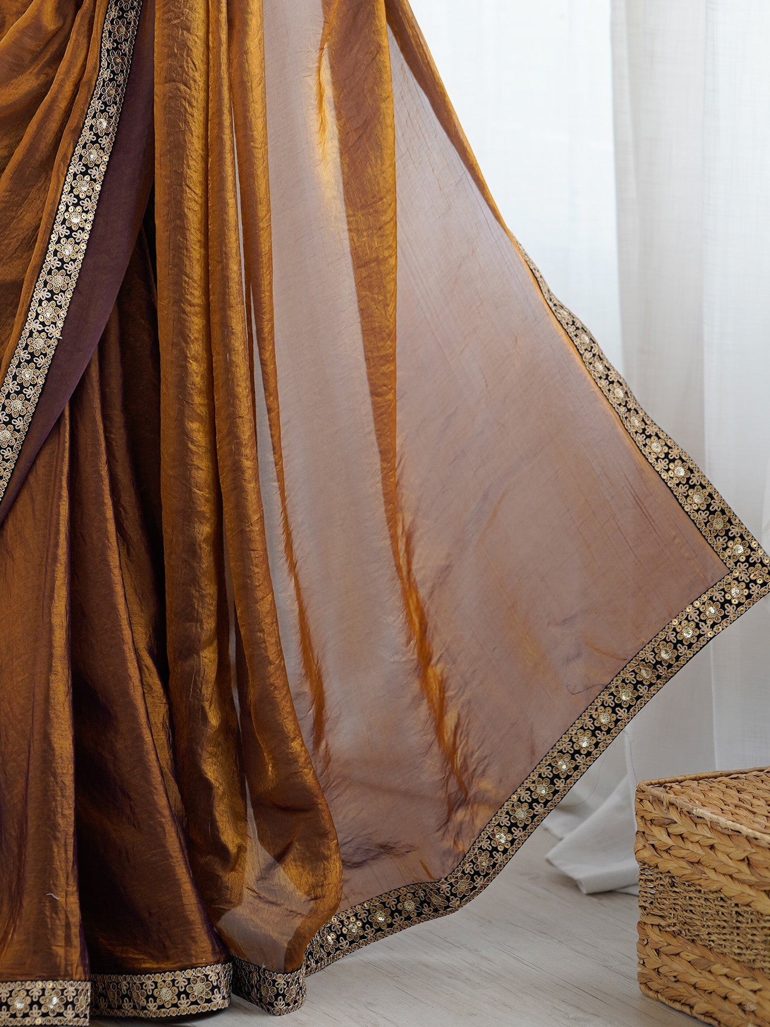 Amber Gold Tissue Silk Saree with Embroidered Border - Ressa