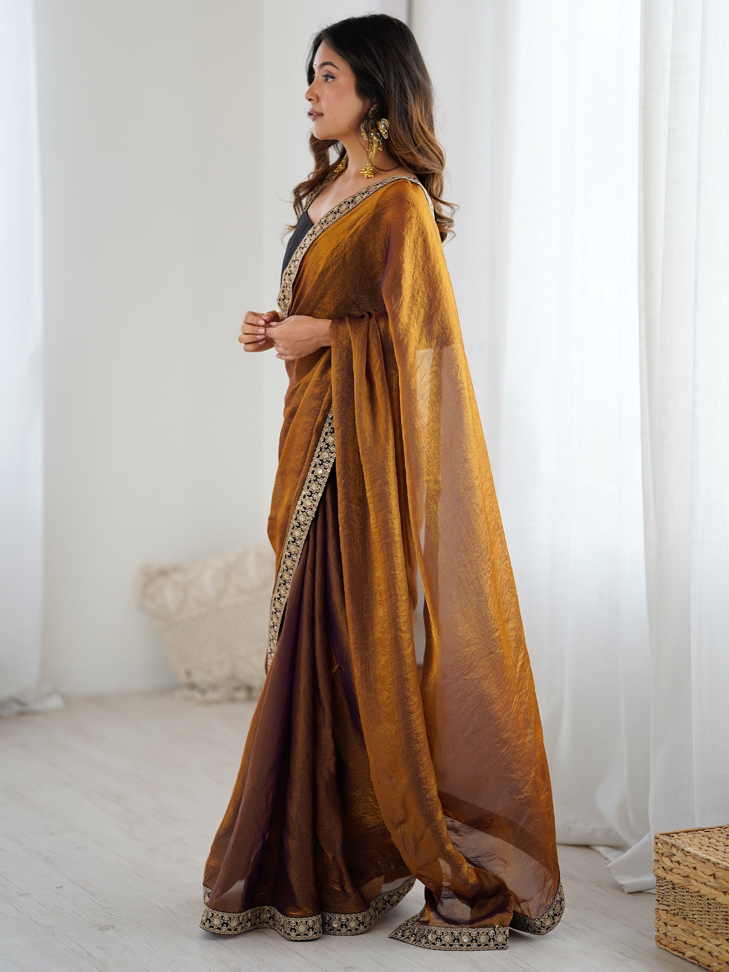 Amber Gold Tissue Silk Saree with Embroidered Border - Ressa