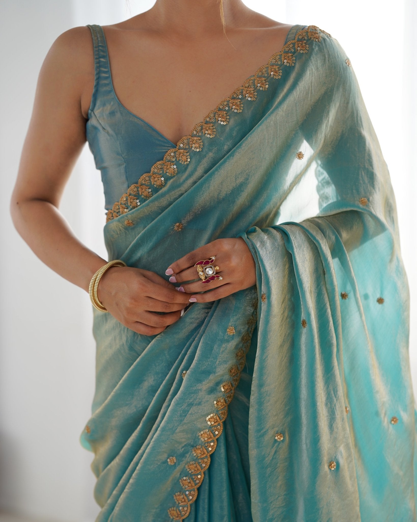 Aqua Blue Embroidered Satin Silk Saree - Ressa