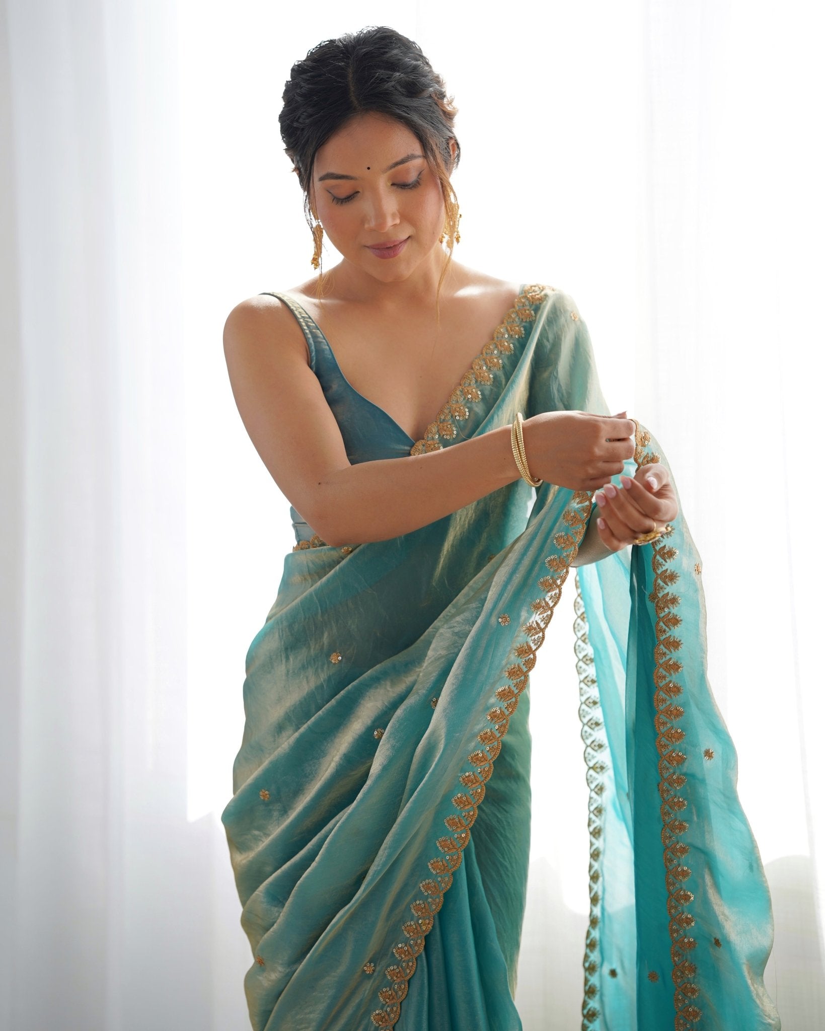 Aqua Blue Embroidered Satin Silk Saree - Ressa
