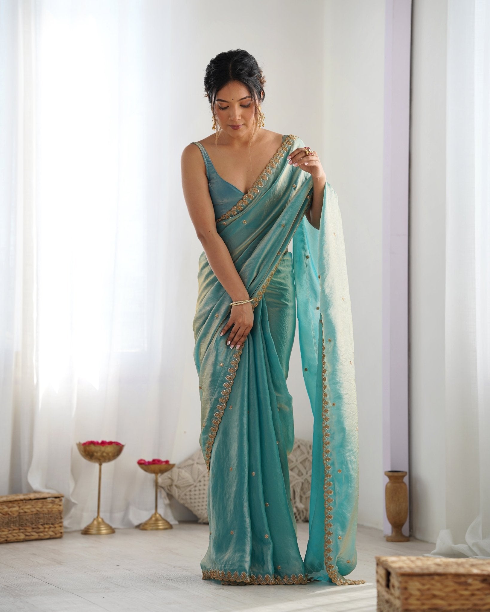 Aqua Blue Embroidered Satin Silk Saree - Ressa