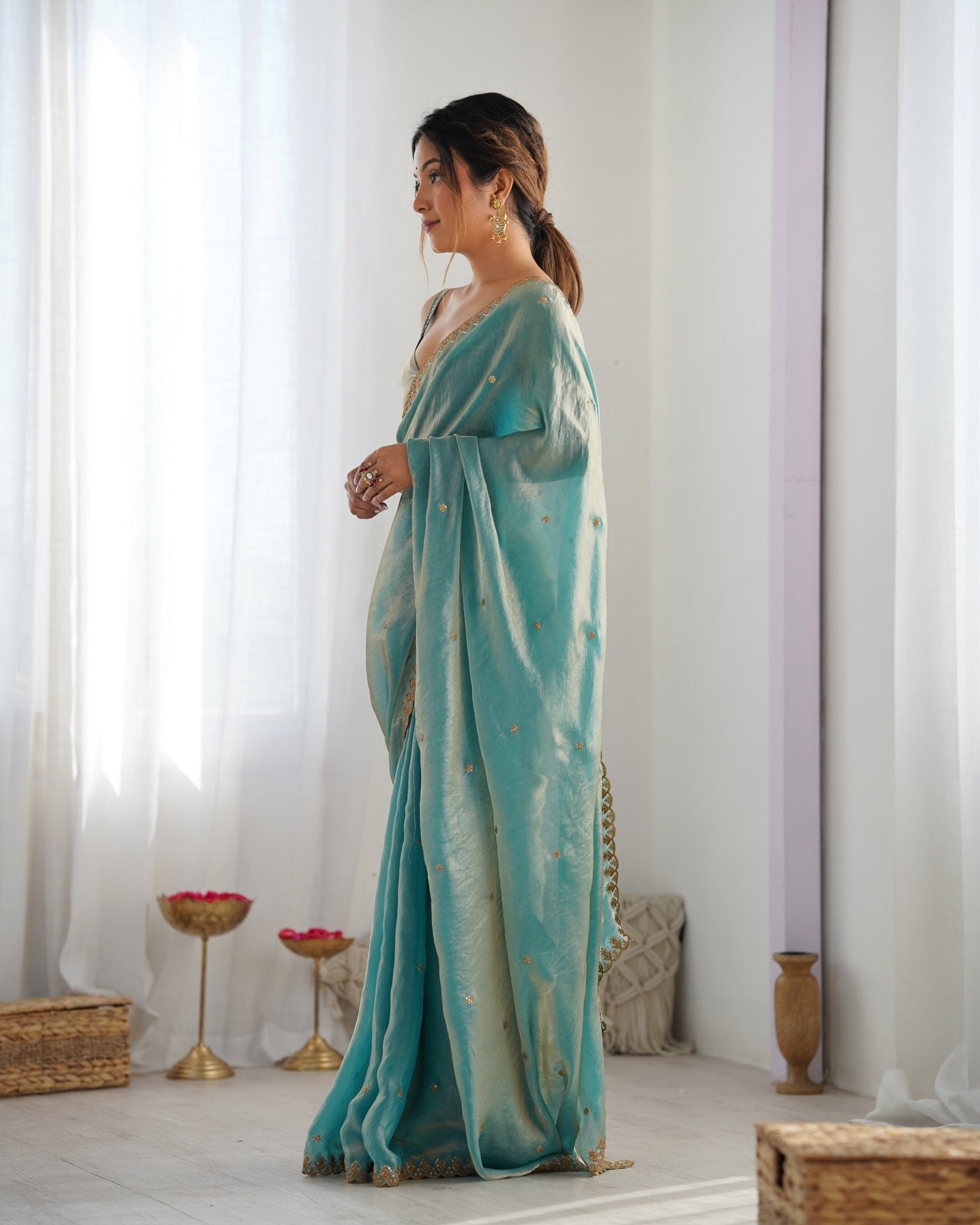 Aqua Blue Embroidered Satin Silk Saree - Ressa