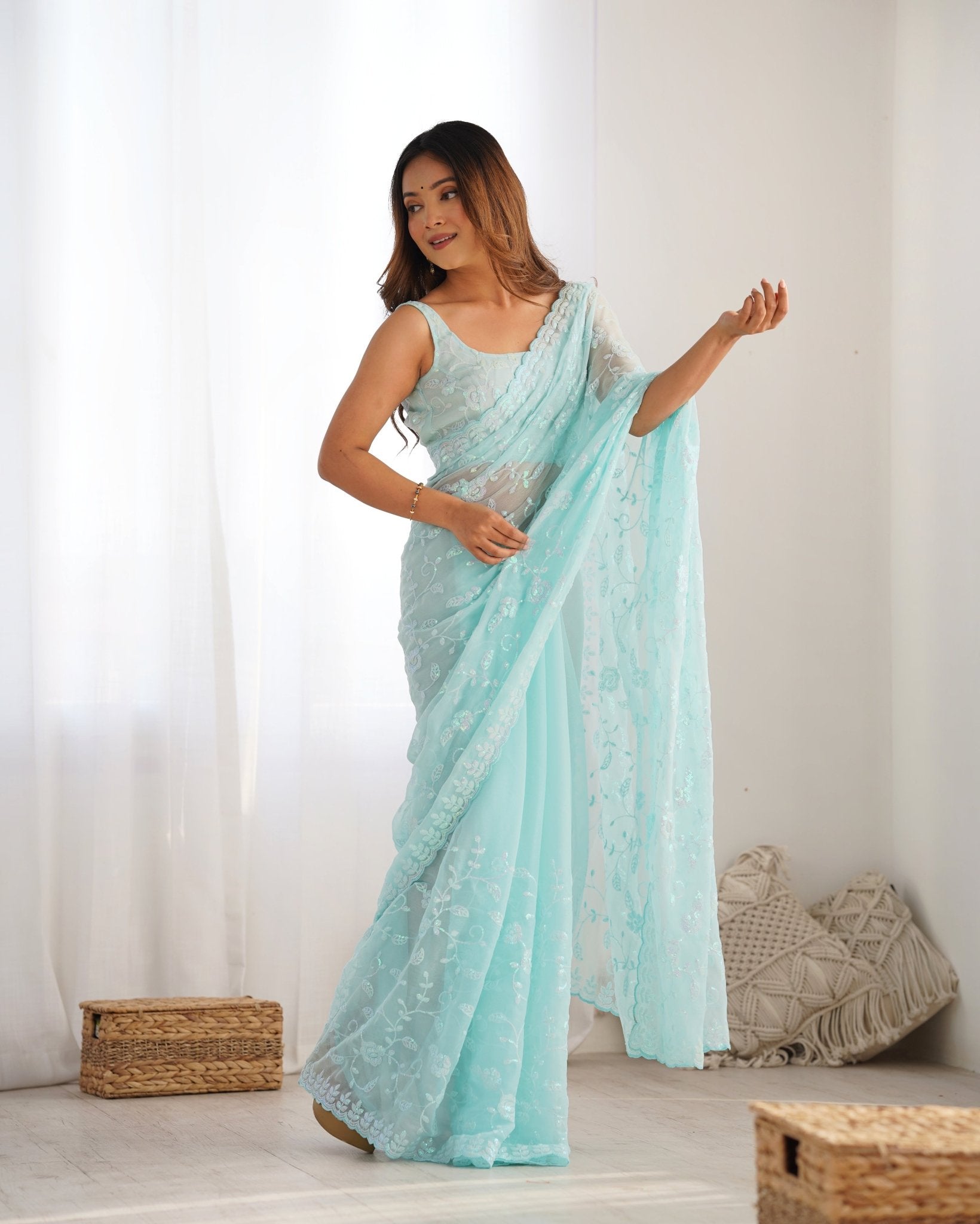 Aqua Blue Georgette Embroidered Saree - Ressa