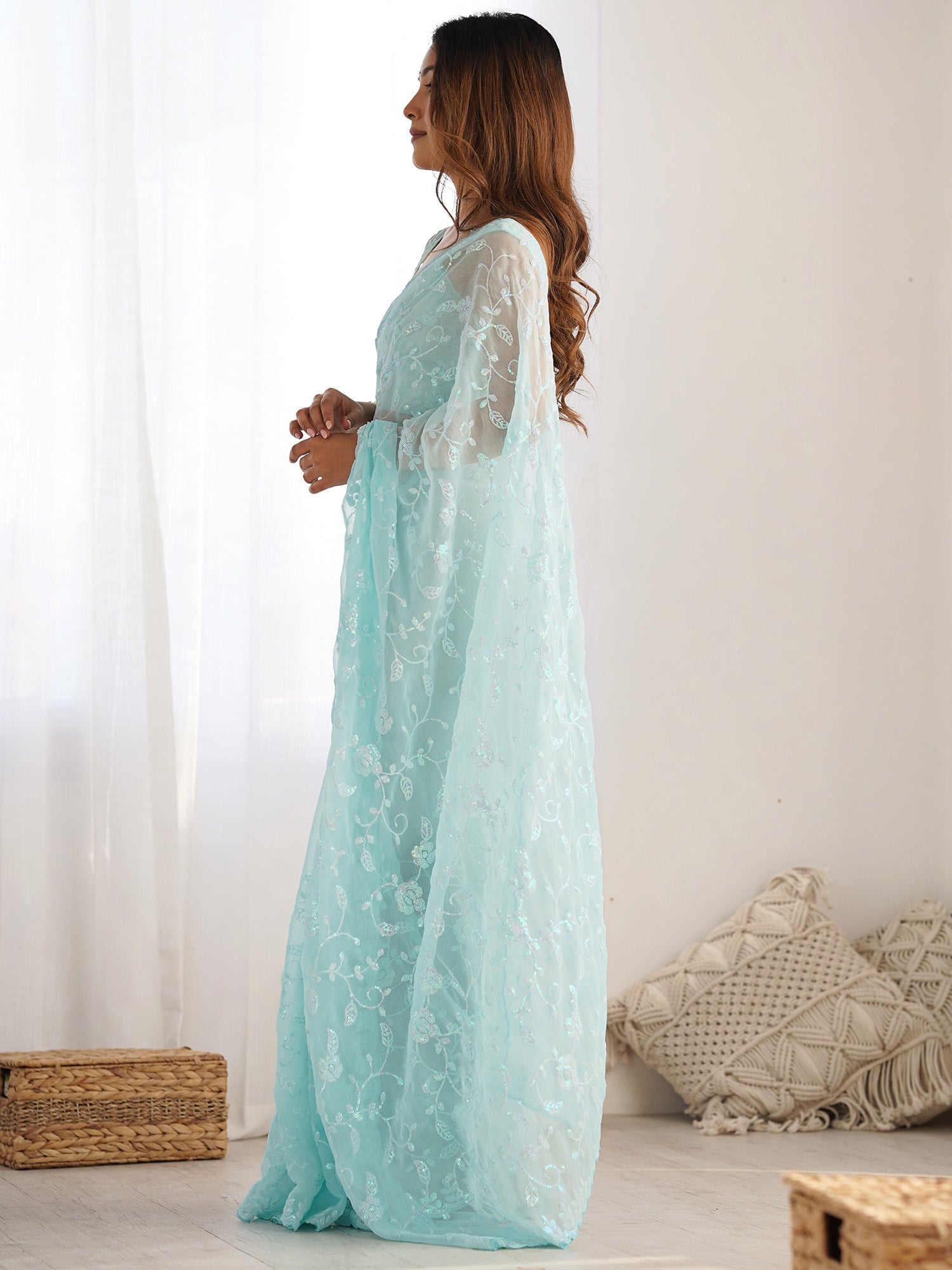 Aqua Blue Georgette Embroidered Saree - Ressa