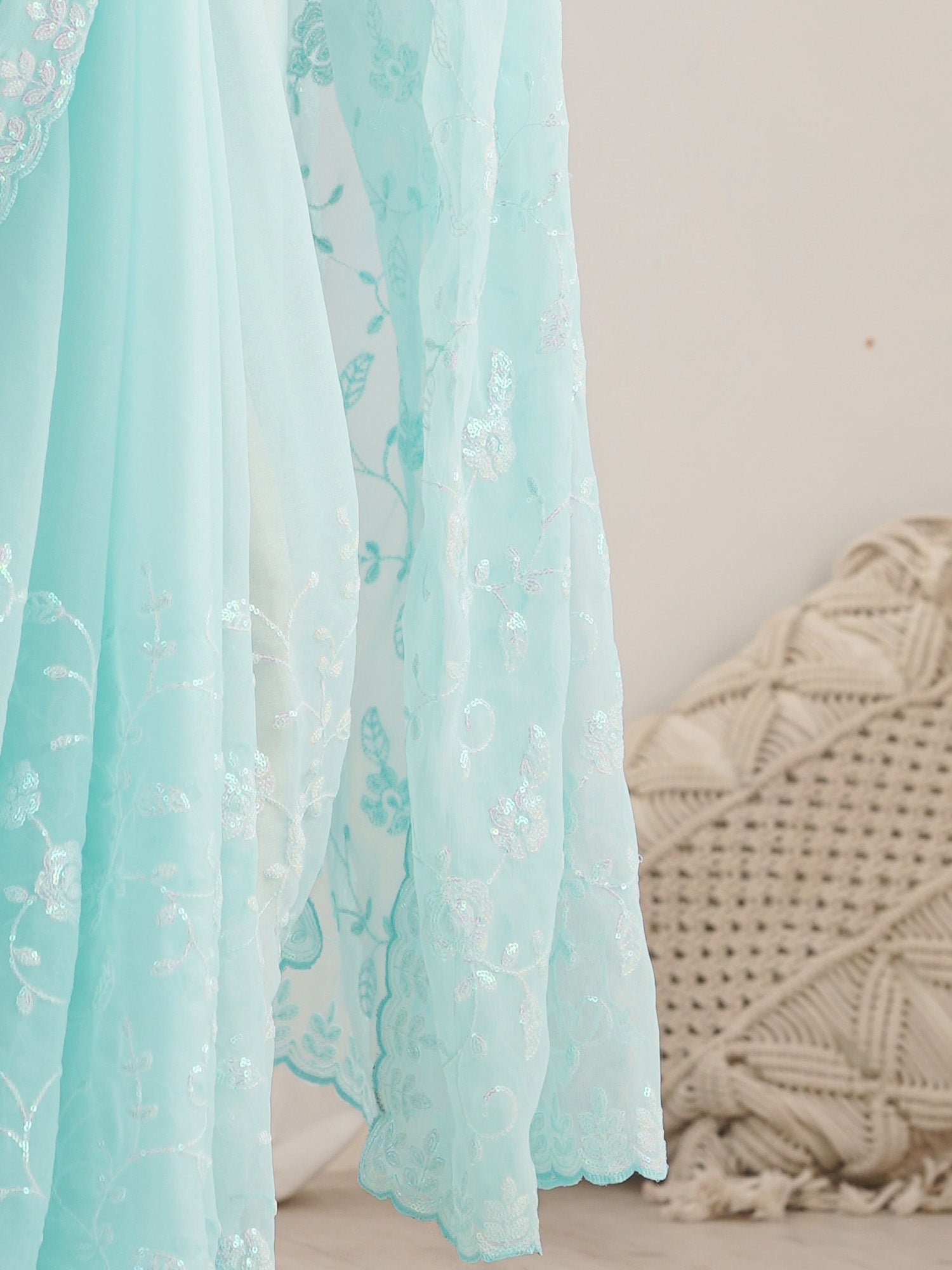 Aqua Blue Georgette Embroidered Saree - Ressa