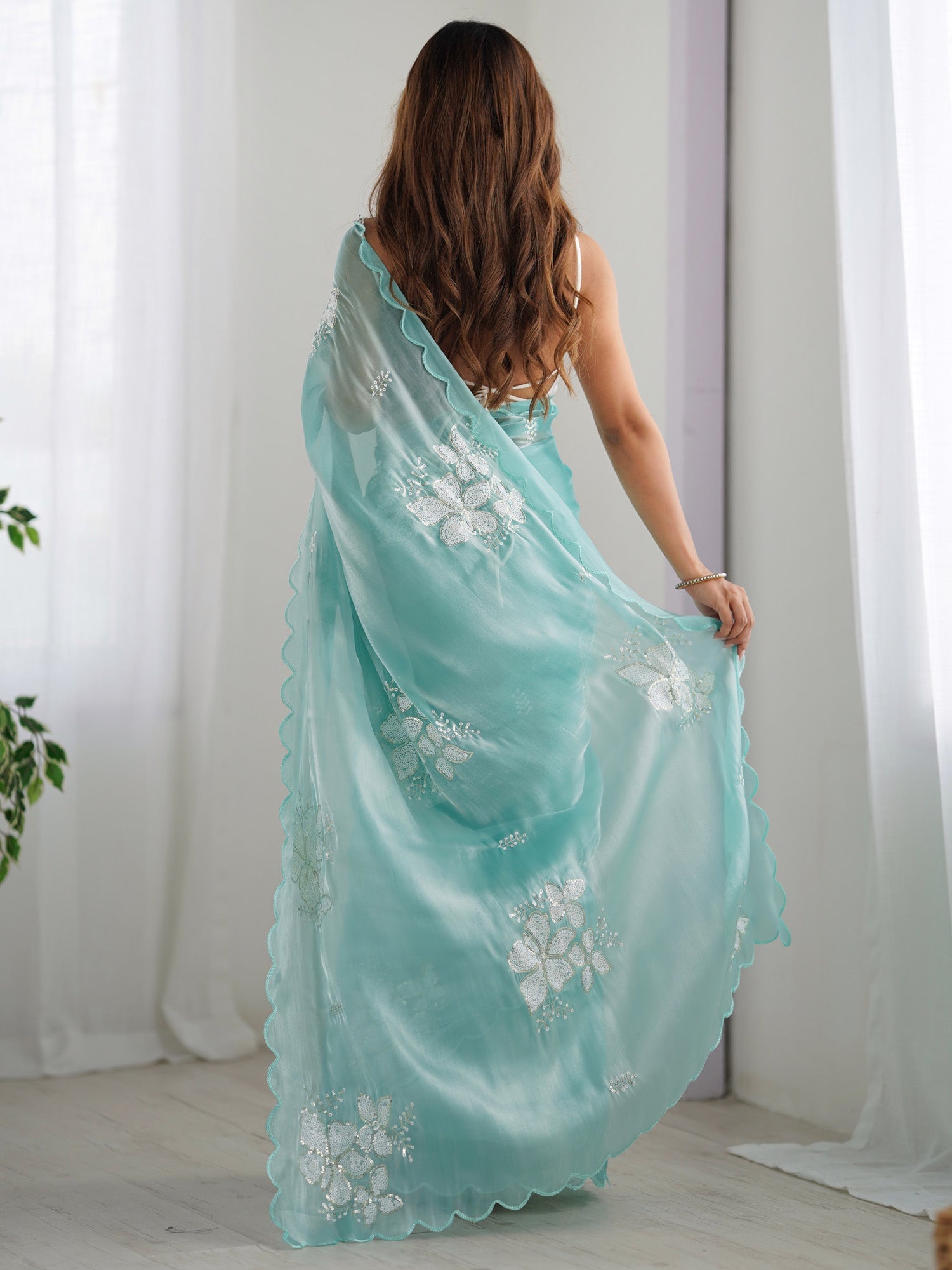 Aqua Blue Organza Embroidered Saree - Ressa